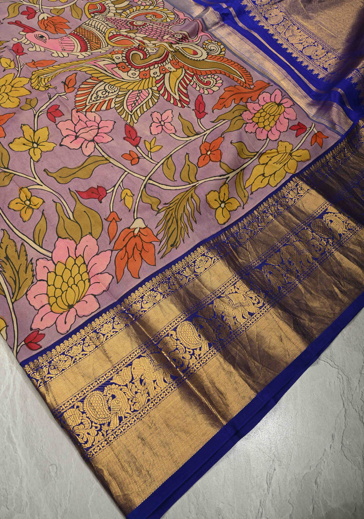 Authentic Pen Kalamkari on Pure Kanjivaram Silk Saree with Contrast Zari Border | SILK MARK CERTIFIED