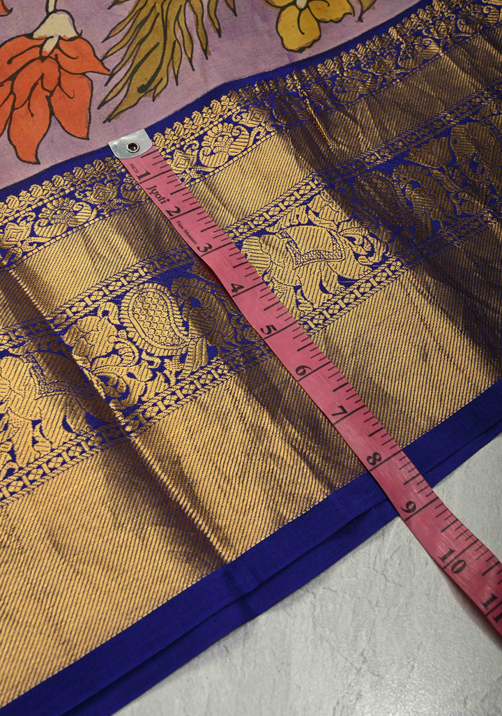 Authentic Pen Kalamkari on Pure Kanjivaram Silk Saree with Contrast Zari Border | SILK MARK CERTIFIED