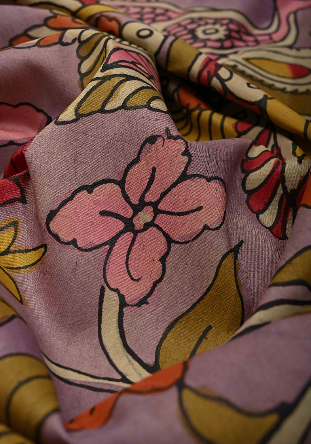 Authentic Pen Kalamkari on Pure Kanjivaram Silk Saree with Contrast Zari Border | SILK MARK CERTIFIED