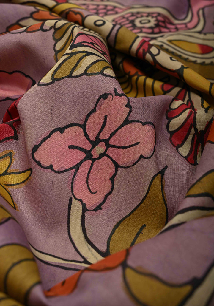 Authentic Pen Kalamkari on Pure Kanjivaram Silk Saree with Contrast Zari Border | SILK MARK CERTIFIED