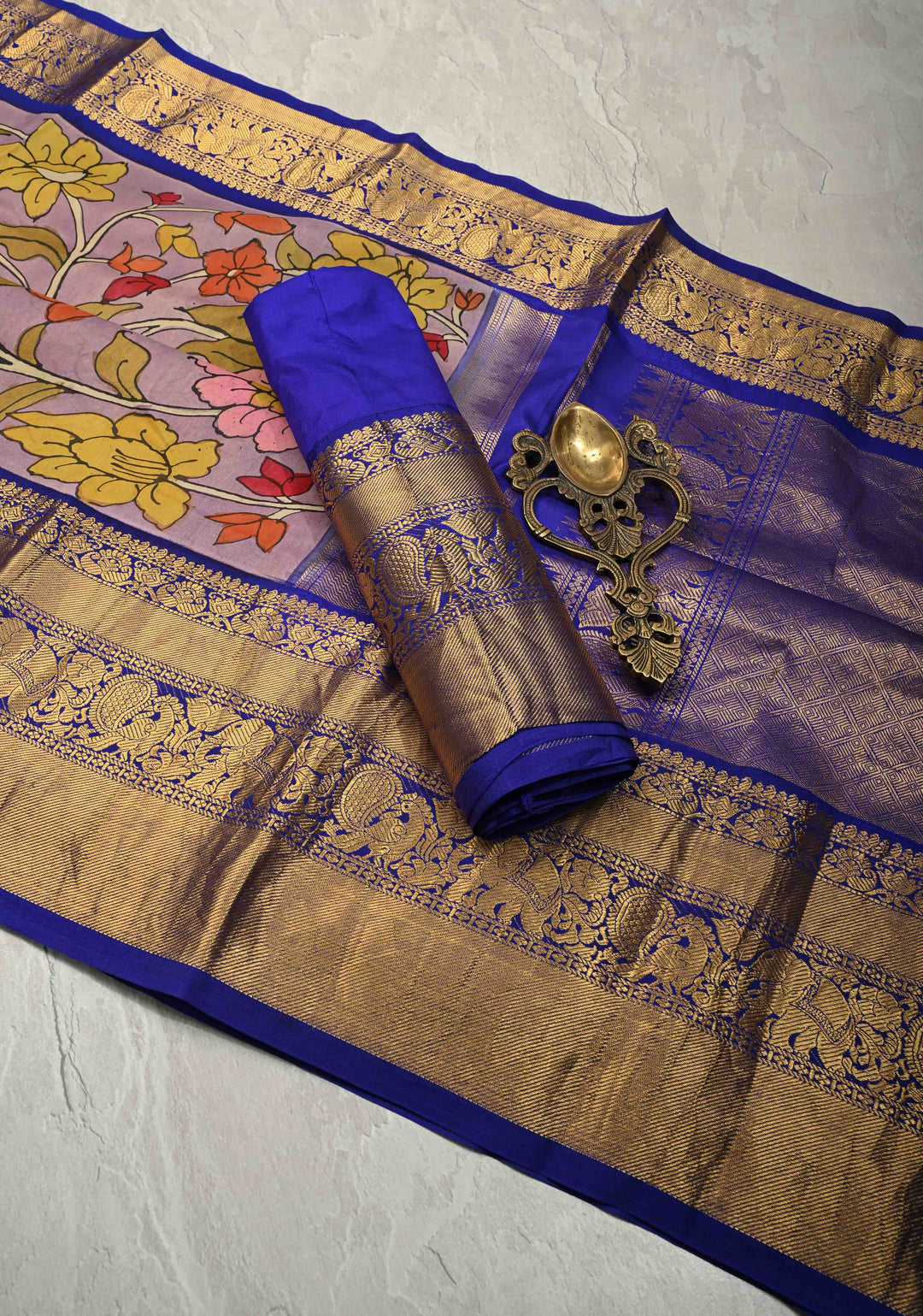Authentic Pen Kalamkari on Pure Kanjivaram Silk Saree with Contrast Zari Border | SILK MARK CERTIFIED