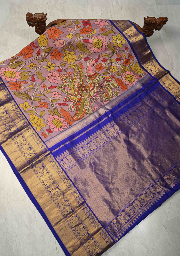 Authentic Pen Kalamkari on Pure Kanjivaram Silk Saree with Contrast Zari Border | SILK MARK CERTIFIED