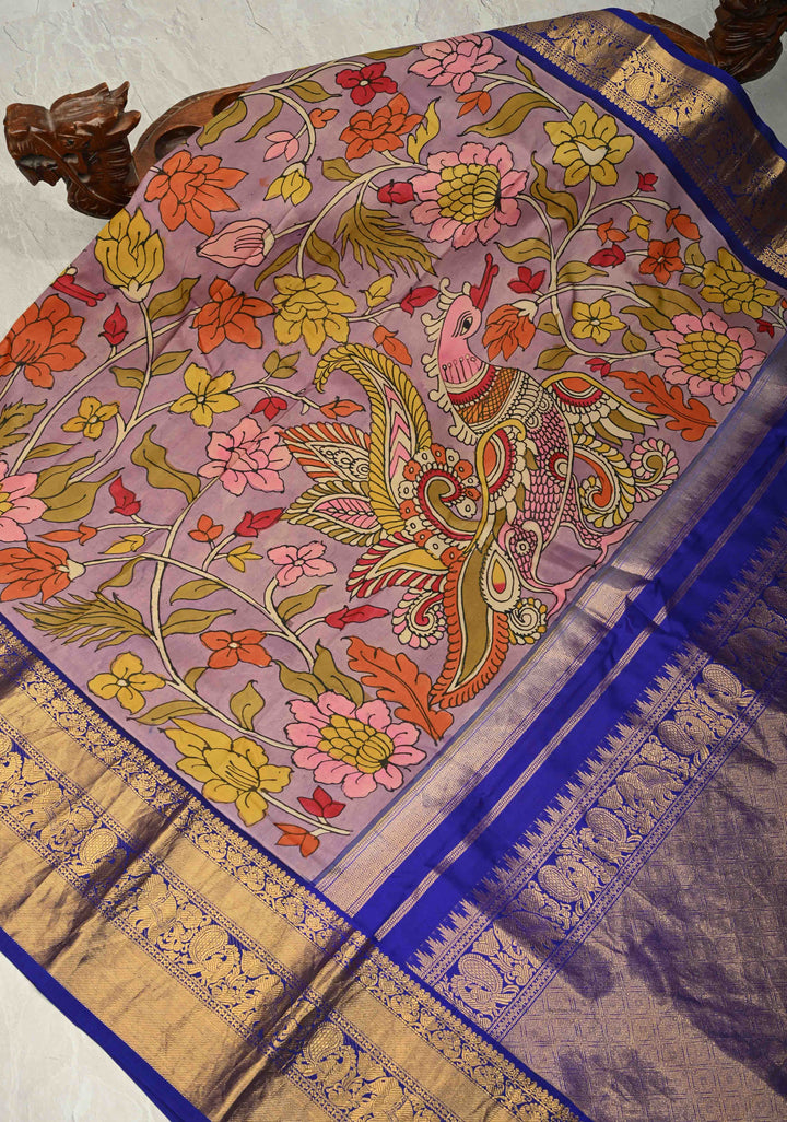 Authentic Pen Kalamkari on Pure Kanjivaram Silk Saree with Contrast Zari Border | SILK MARK CERTIFIED