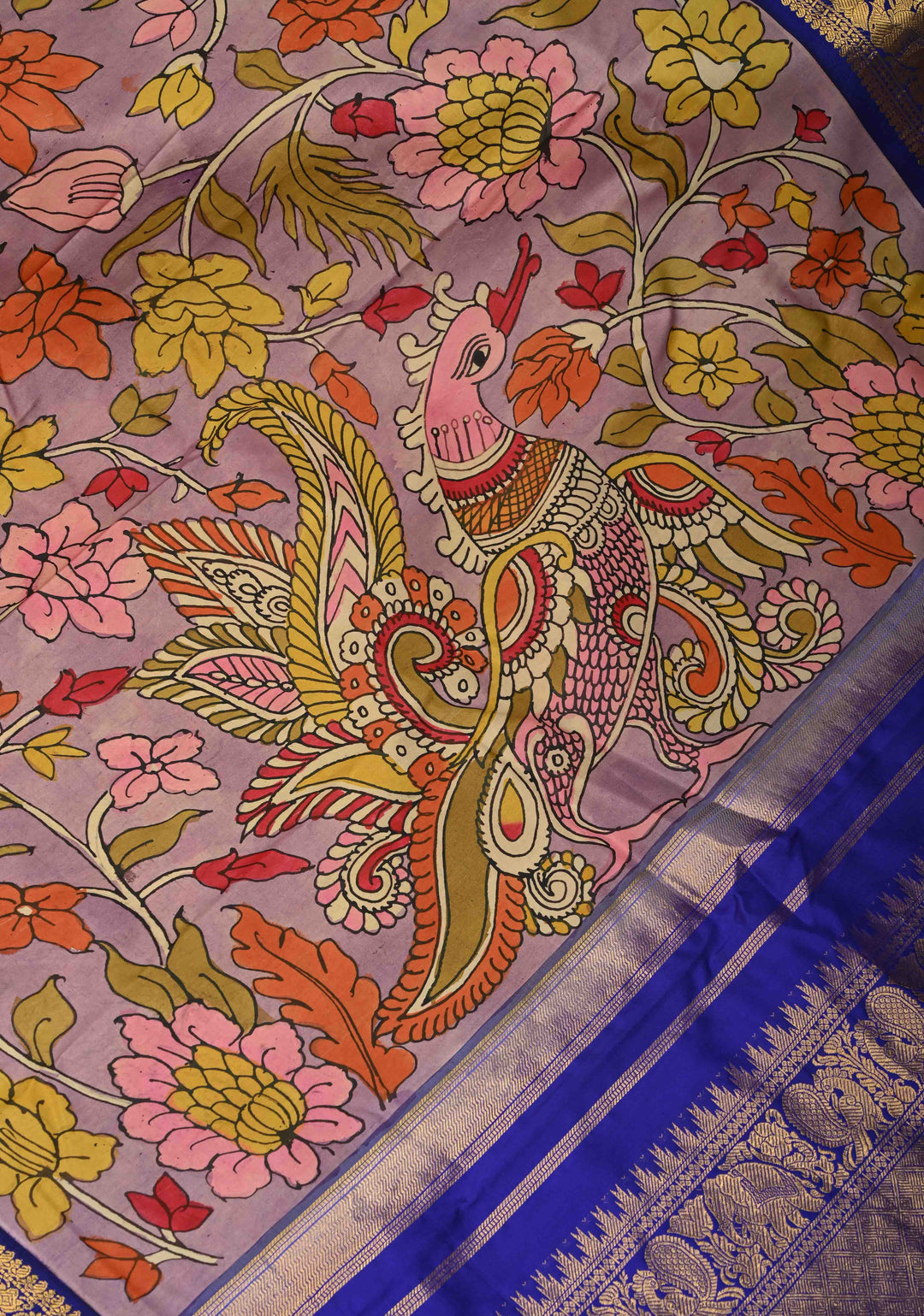 Authentic Pen Kalamkari on Pure Kanjivaram Silk Saree with Contrast Zari Border | SILK MARK CERTIFIED