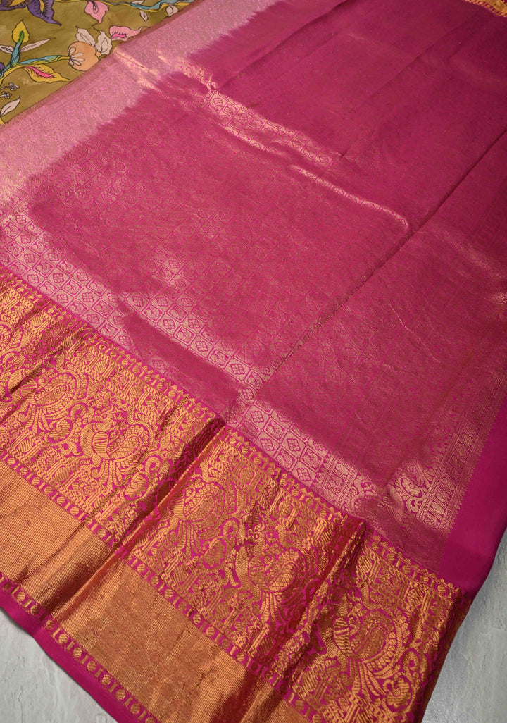 Authentic Pen Kalamkari on Pure Kanjivaram Silk Saree in Henna Green with Contrast Zari Border | SILK MARK CERTIFIED