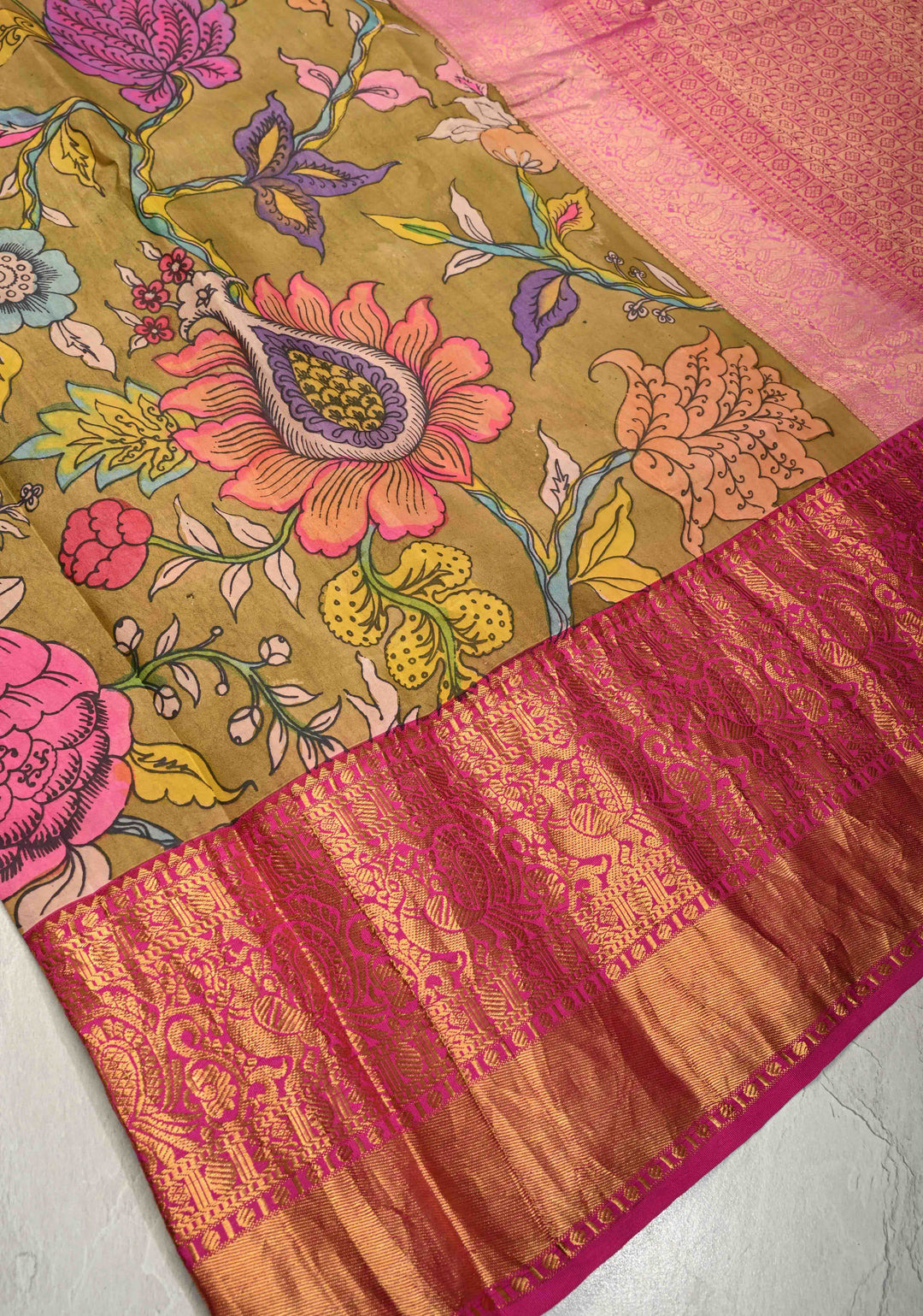 Authentic Pen Kalamkari on Pure Kanjivaram Silk Saree in Henna Green with Contrast Zari Border | SILK MARK CERTIFIED