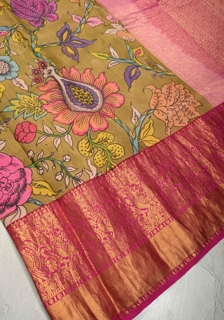 Authentic Pen Kalamkari on Pure Kanjivaram Silk Saree in Henna Green with Contrast Zari Border | SILK MARK CERTIFIED