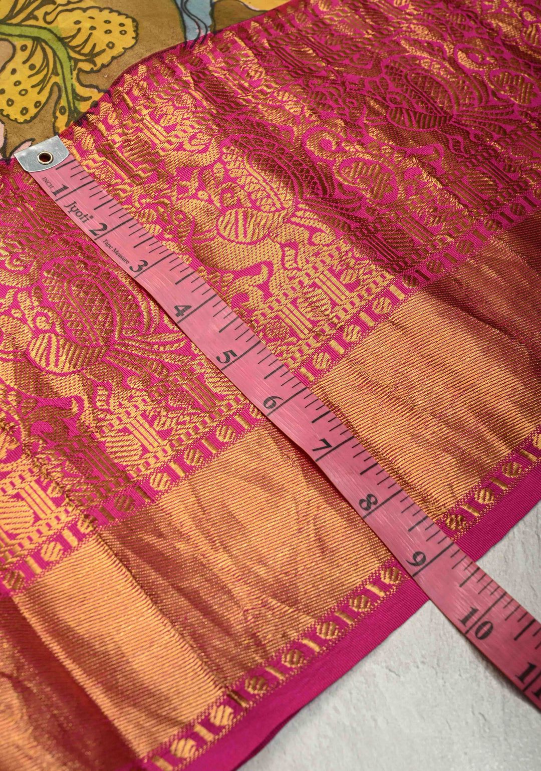 Authentic Pen Kalamkari on Pure Kanjivaram Silk Saree in Henna Green with Contrast Zari Border | SILK MARK CERTIFIED