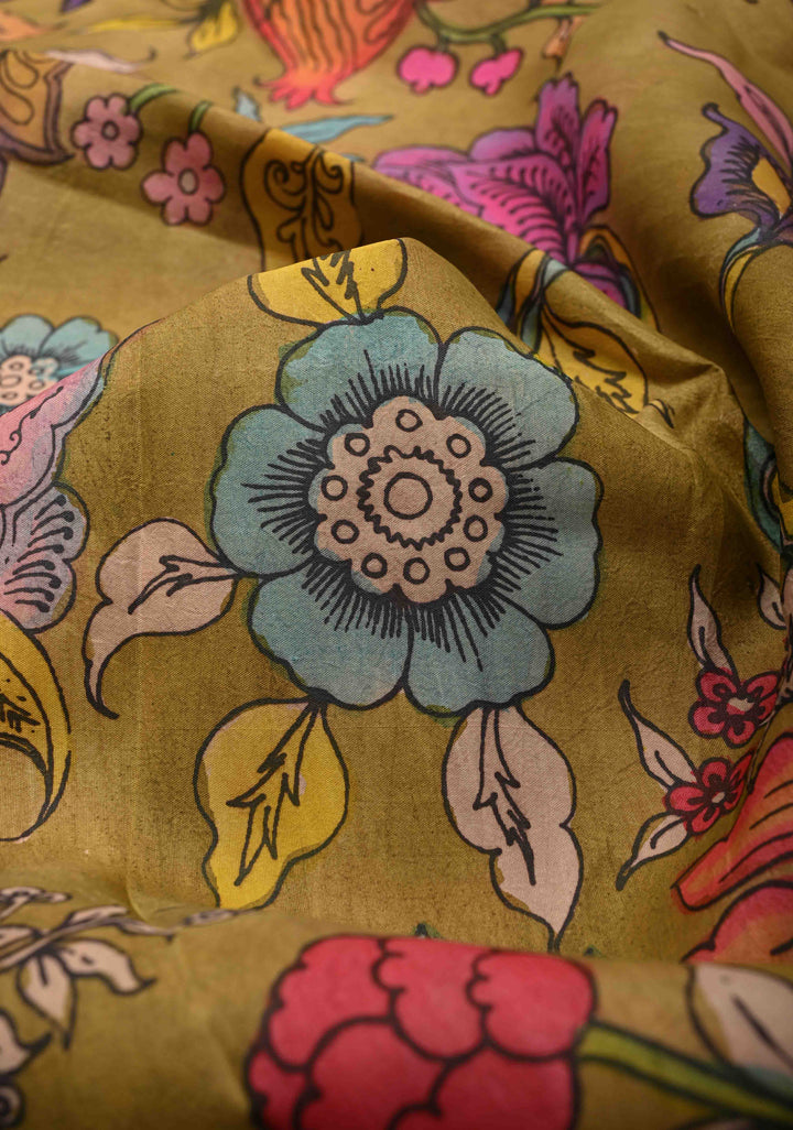 Authentic Pen Kalamkari on Pure Kanjivaram Silk Saree in Henna Green with Contrast Zari Border | SILK MARK CERTIFIED