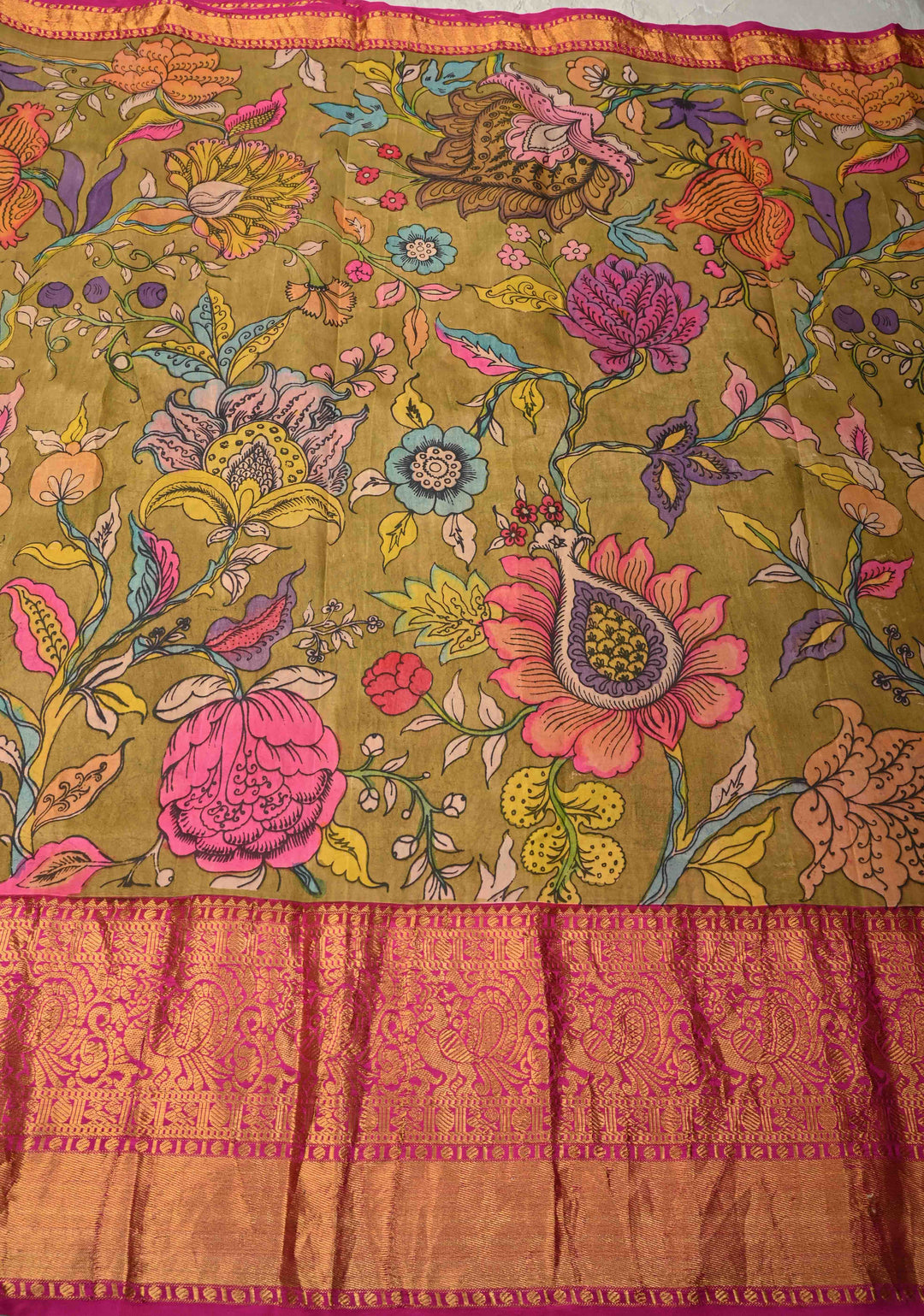 Authentic Pen Kalamkari on Pure Kanjivaram Silk Saree in Henna Green with Contrast Zari Border | SILK MARK CERTIFIED