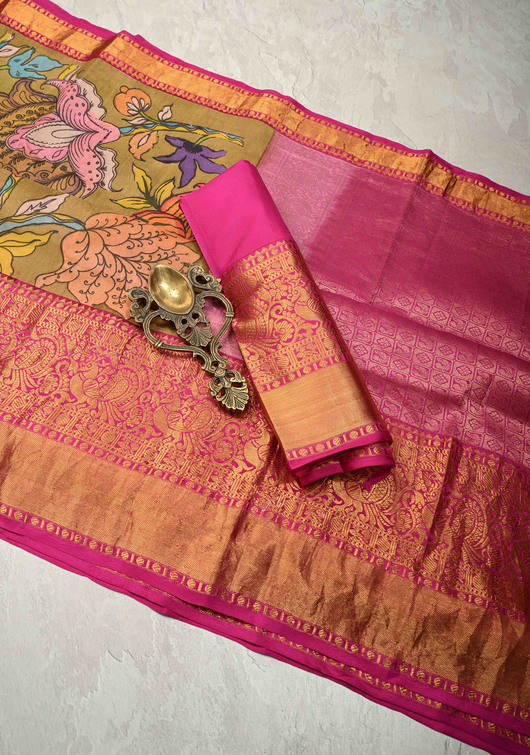 Authentic Pen Kalamkari on Pure Kanjivaram Silk Saree in Henna Green with Contrast Zari Border | SILK MARK CERTIFIED