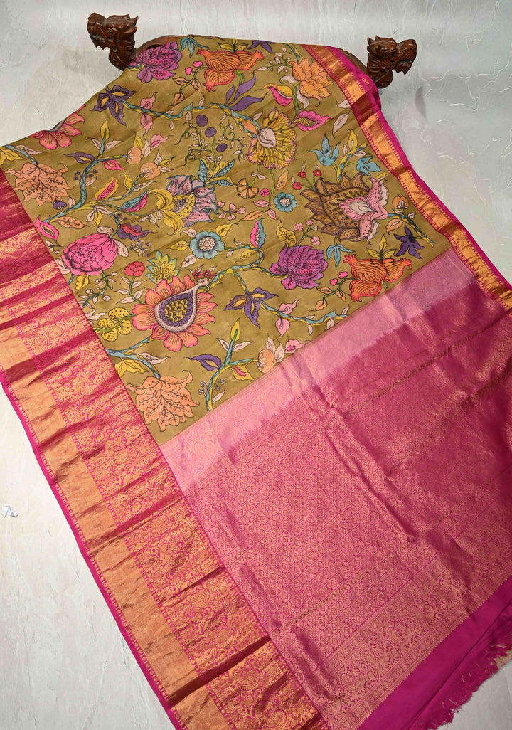 Authentic Pen Kalamkari on Pure Kanjivaram Silk Saree in Henna Green with Contrast Zari Border | SILK MARK CERTIFIED