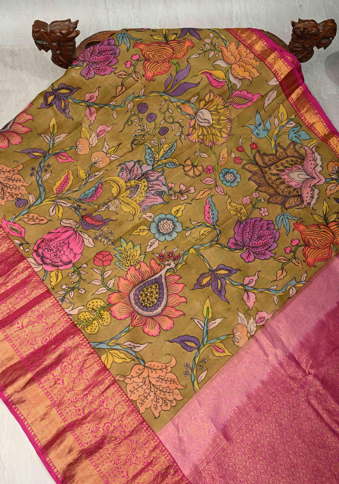 Authentic Pen Kalamkari on Pure Kanjivaram Silk Saree in Henna Green with Contrast Zari Border | SILK MARK CERTIFIED