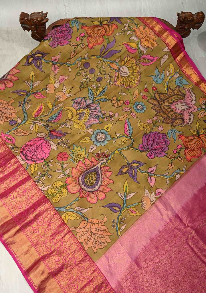 Authentic Pen Kalamkari on Pure Kanjivaram Silk Saree in Henna Green with Contrast Zari Border | SILK MARK CERTIFIED