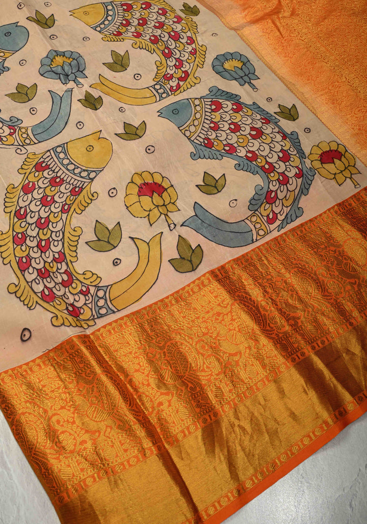 Matsya Theme :  Beige Authentic Pen Kalamkari on Pure Kanjivaram Silk Saree with Contrast Orange Zari Border | SILK MARK CERTIFIED