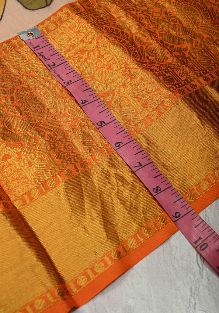 Matsya Theme :  Beige Authentic Pen Kalamkari on Pure Kanjivaram Silk Saree with Contrast Orange Zari Border | SILK MARK CERTIFIED