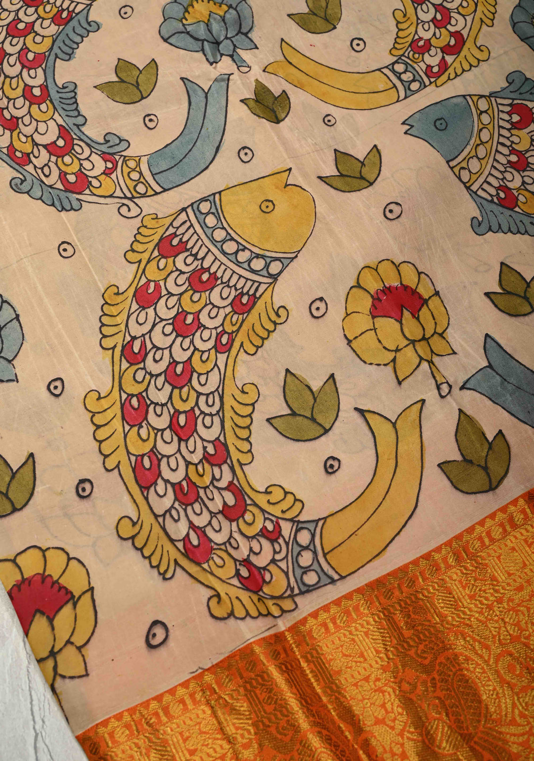 Matsya Theme :  Beige Authentic Pen Kalamkari on Pure Kanjivaram Silk Saree with Contrast Orange Zari Border | SILK MARK CERTIFIED