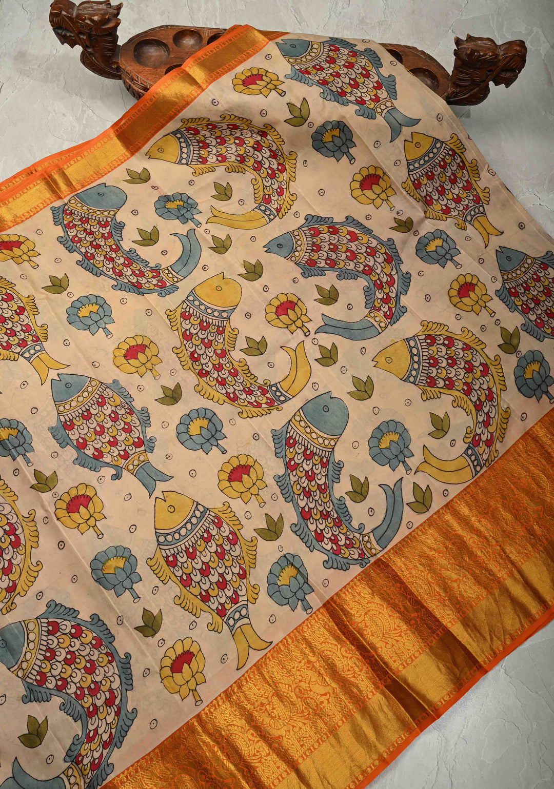 Matsya Theme :  Beige Authentic Pen Kalamkari on Pure Kanjivaram Silk Saree with Contrast Orange Zari Border | SILK MARK CERTIFIED