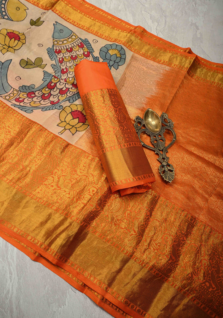 Matsya Theme :  Beige Authentic Pen Kalamkari on Pure Kanjivaram Silk Saree with Contrast Orange Zari Border | SILK MARK CERTIFIED