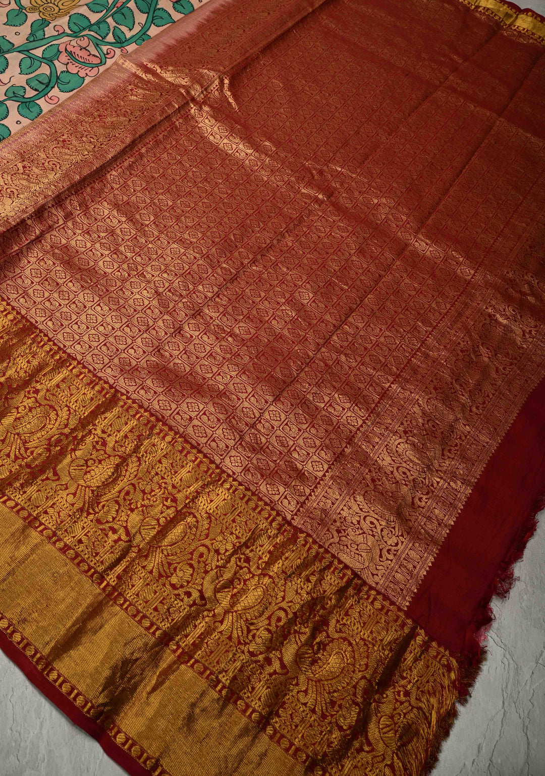 Floral Theme :  Blush Pink Authentic Pen Kalamkari on Pure Kanjivaram Silk Saree with Contrast Zari Border | SILK MARK CERTIFIED | SHOBITAM