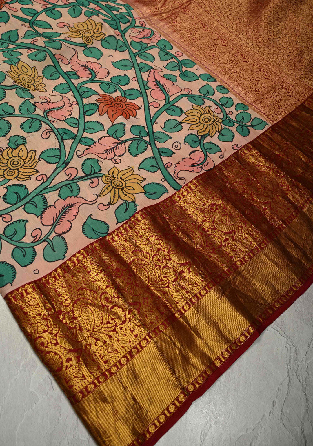 Floral Theme :  Blush Pink Authentic Pen Kalamkari on Pure Kanjivaram Silk Saree with Contrast Zari Border | SILK MARK CERTIFIED | SHOBITAM