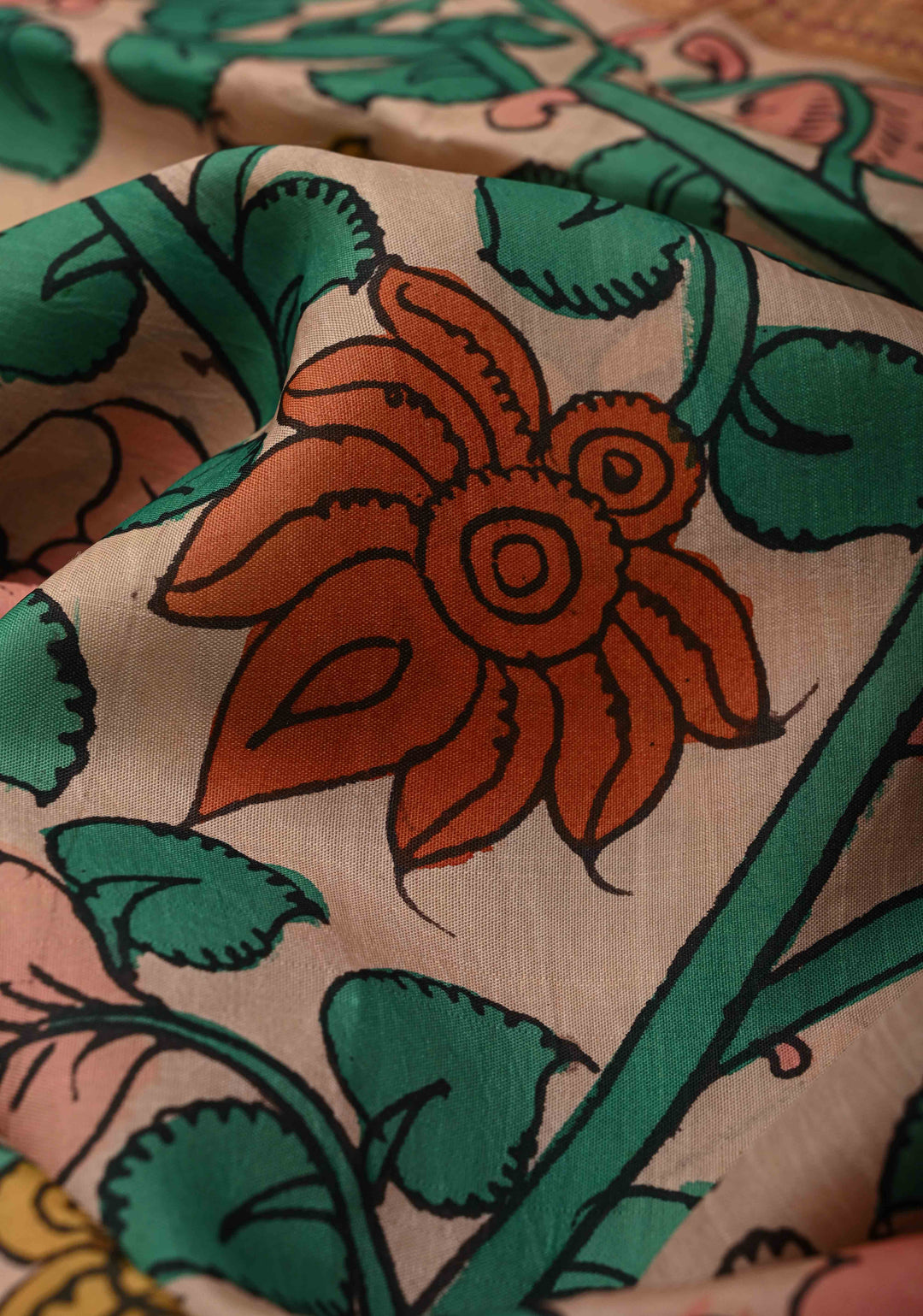 Floral Theme :  Blush Pink Authentic Pen Kalamkari on Pure Kanjivaram Silk Saree with Contrast Zari Border | SILK MARK CERTIFIED | SHOBITAM