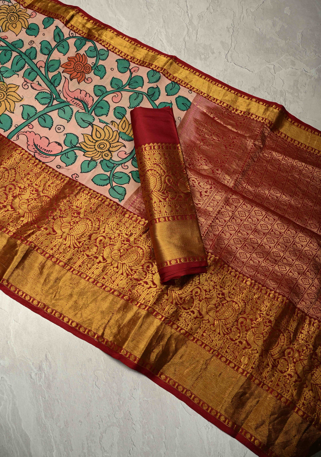 Floral Theme :  Blush Pink Authentic Pen Kalamkari on Pure Kanjivaram Silk Saree with Contrast Zari Border | SILK MARK CERTIFIED | SHOBITAM