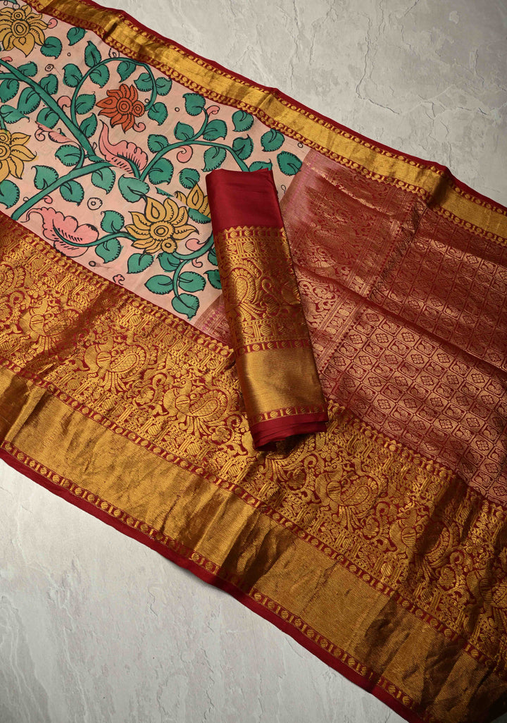 Floral Theme :  Blush Pink Authentic Pen Kalamkari on Pure Kanjivaram Silk Saree with Contrast Zari Border | SILK MARK CERTIFIED | SHOBITAM