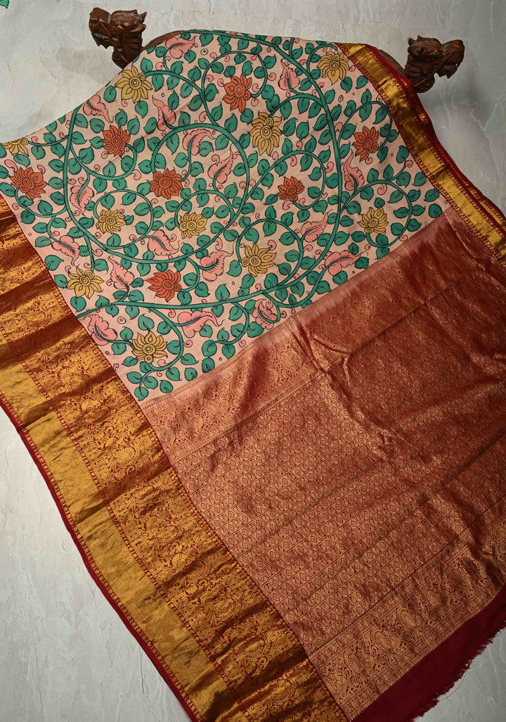 Floral Theme :  Blush Pink Authentic Pen Kalamkari on Pure Kanjivaram Silk Saree with Contrast Zari Border | SILK MARK CERTIFIED | SHOBITAM
