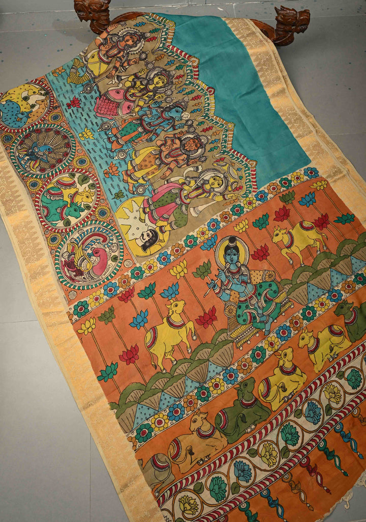 Krishna Leela,Dashavataram Theme: Blue Authentic Pen kalamkari on Bangalore Silk Saree with Zari Border