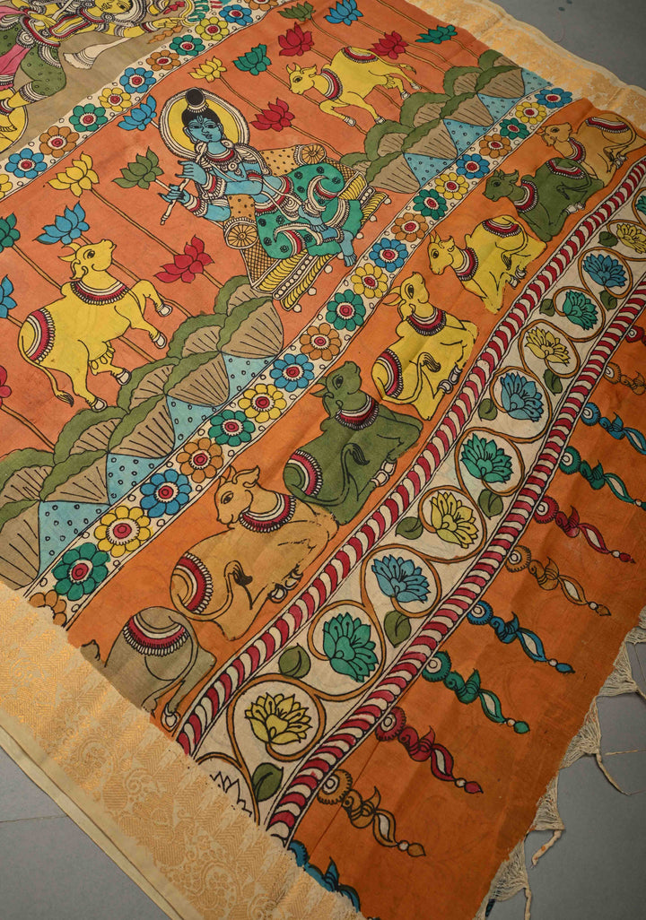 Krishna Leela,Dashavataram Theme: Blue Authentic Pen kalamkari on Bangalore Silk Saree with Zari Border