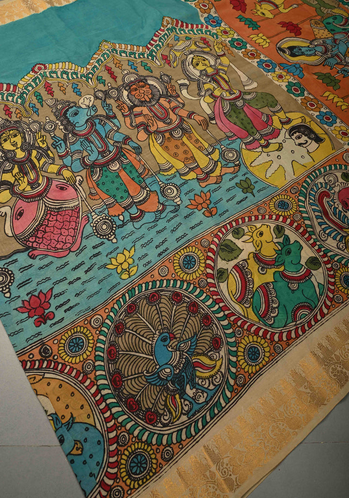 Krishna Leela,Dashavataram Theme: Blue Authentic Pen kalamkari on Bangalore Silk Saree with Zari Border