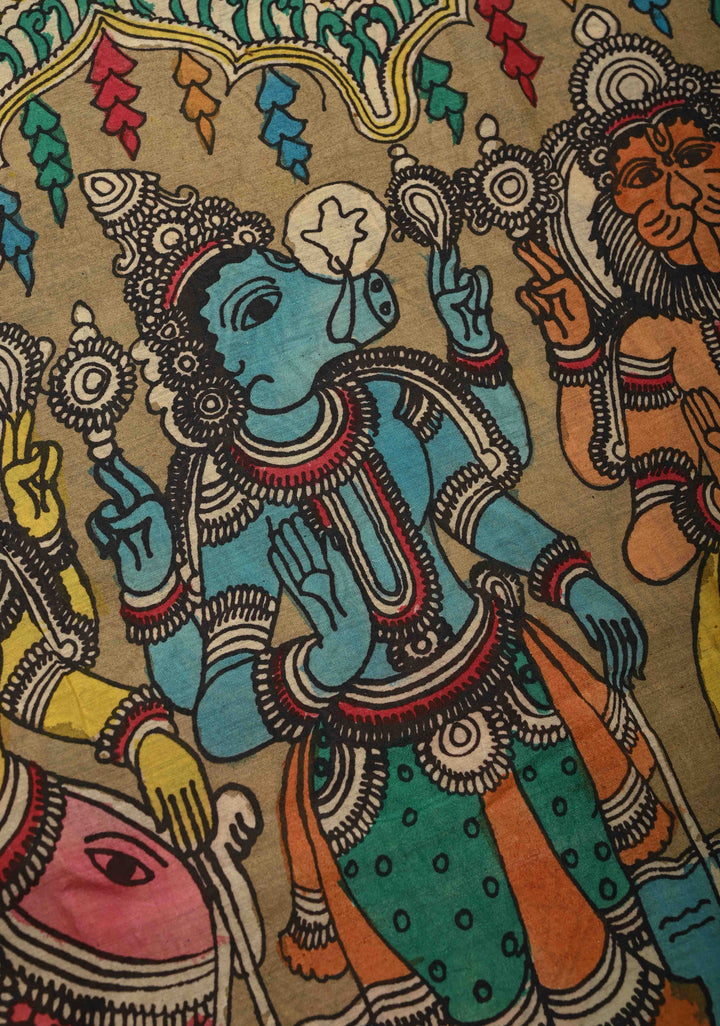 Krishna Leela,Dashavataram Theme: Blue Authentic Pen kalamkari on Bangalore Silk Saree with Zari Border