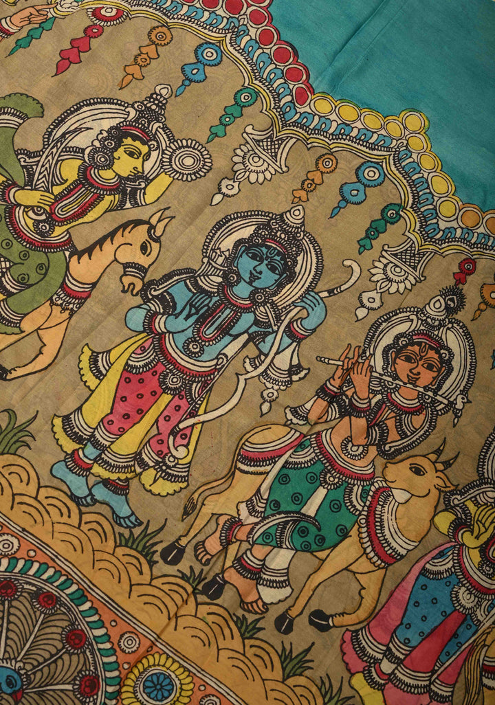 Krishna Leela,Dashavataram Theme: Blue Authentic Pen kalamkari on Bangalore Silk Saree with Zari Border