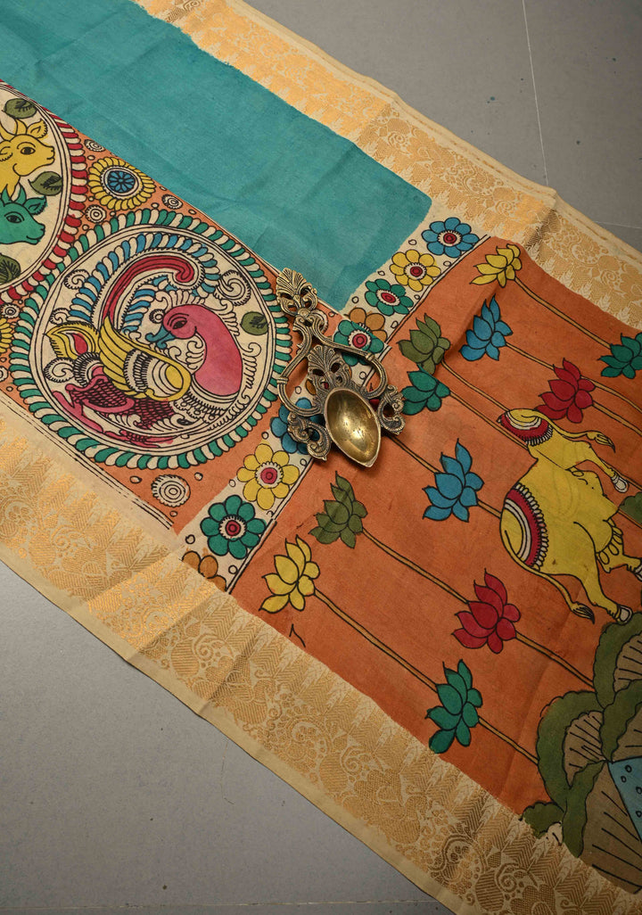 Krishna Leela,Dashavataram Theme: Blue Authentic Pen kalamkari on Bangalore Silk Saree with Zari Border