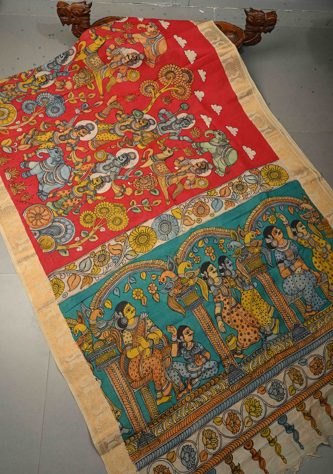 Hindu Mythological Ramayana Theme: Red Authentic Pen kalamkari on Bangalore Silk Saree with Zari Border | SHOBITAM