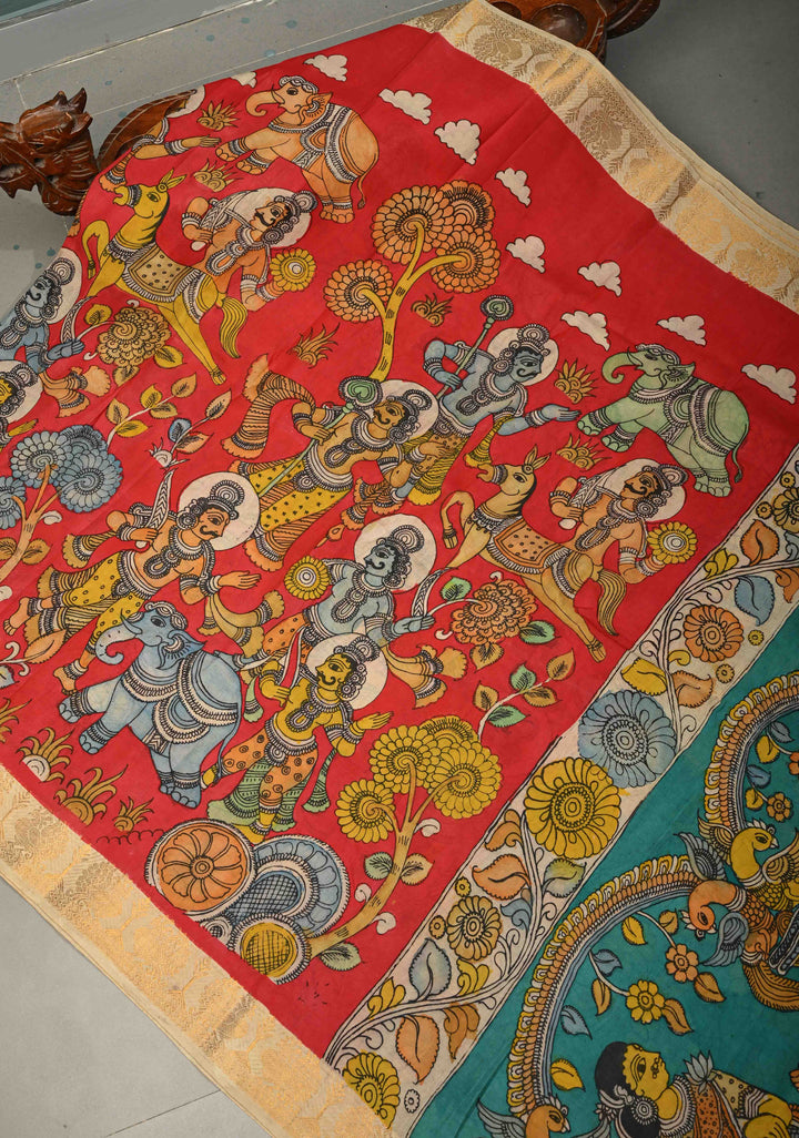 Hindu Mythological Ramayana Theme: Red Authentic Pen kalamkari on Bangalore Silk Saree with Zari Border | SHOBITAM