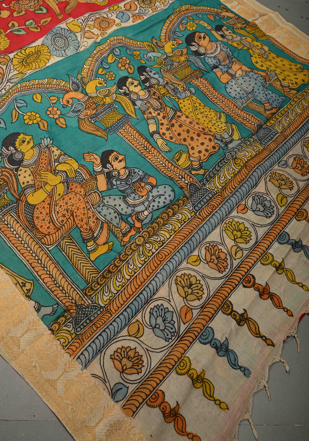 Hindu Mythological Ramayana Theme: Red Authentic Pen kalamkari on Bangalore Silk Saree with Zari Border | SHOBITAM