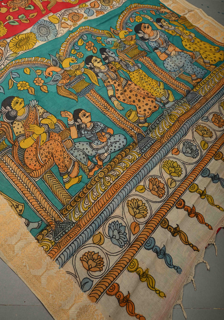 Hindu Mythological Ramayana Theme: Red Authentic Pen kalamkari on Bangalore Silk Saree with Zari Border | SHOBITAM