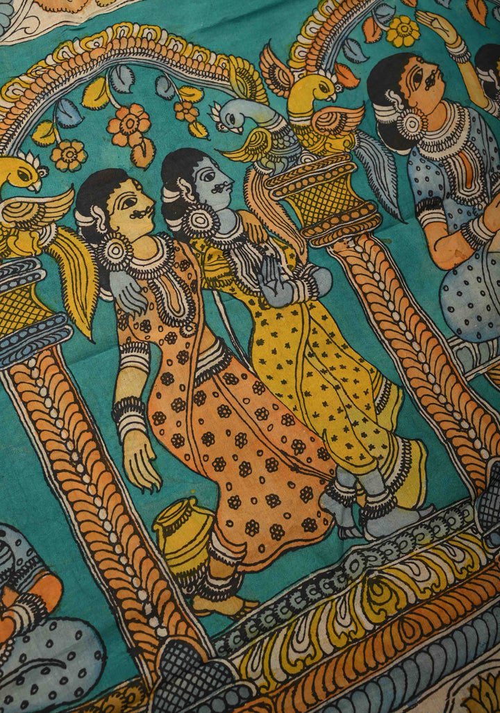 Hindu Mythological Ramayana Theme: Red Authentic Pen kalamkari on Bangalore Silk Saree with Zari Border | SHOBITAM