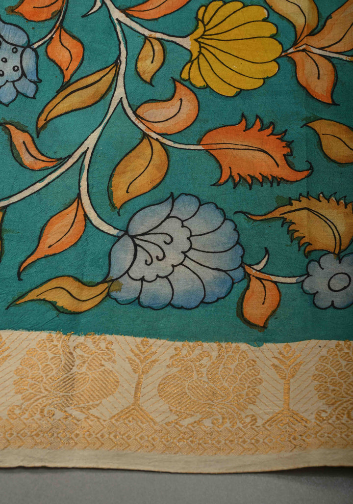 Hindu Mythological Ramayana Theme: Red Authentic Pen kalamkari on Bangalore Silk Saree with Zari Border | SHOBITAM