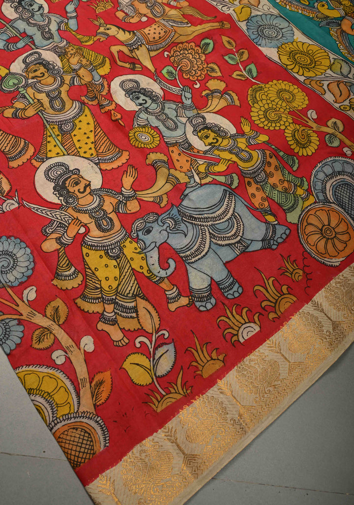 Hindu Mythological Ramayana Theme: Red Authentic Pen kalamkari on Bangalore Silk Saree with Zari Border | SHOBITAM