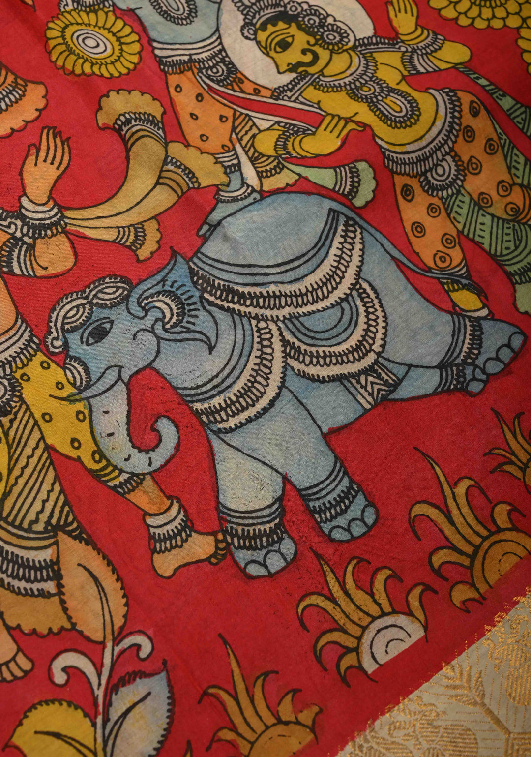 Hindu Mythological Ramayana Theme: Red Authentic Pen kalamkari on Bangalore Silk Saree with Zari Border | SHOBITAM