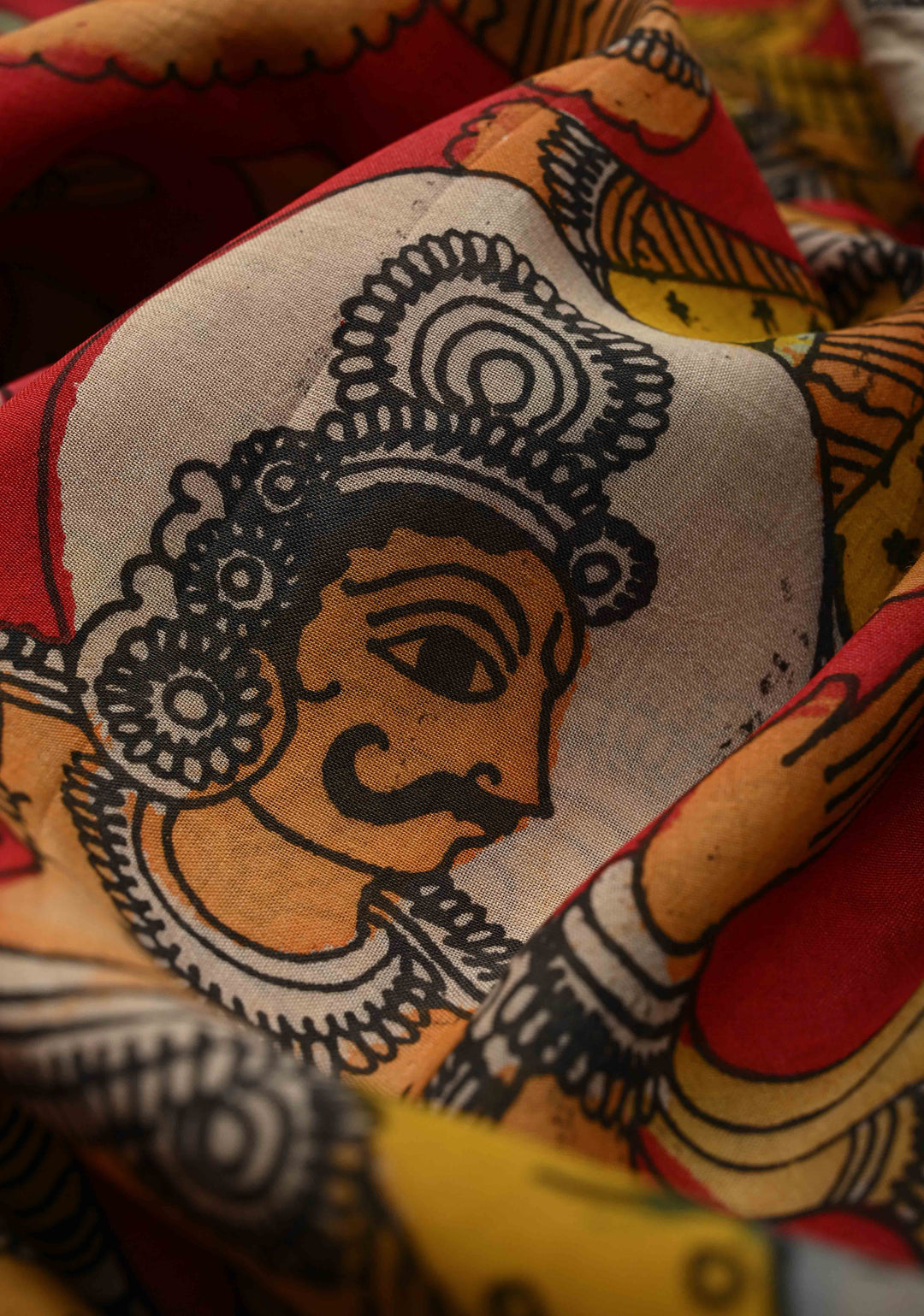 Hindu Mythological Ramayana Theme: Red Authentic Pen kalamkari on Bangalore Silk Saree with Zari Border | SHOBITAM