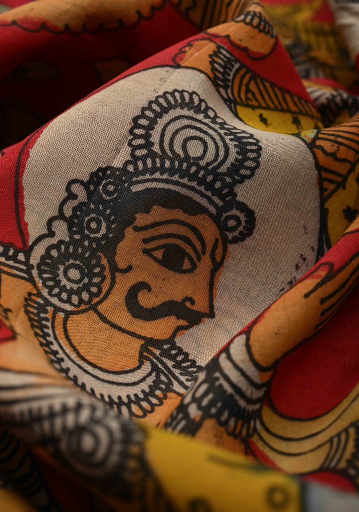 Hindu Mythological Ramayana Theme: Red Authentic Pen kalamkari on Bangalore Silk Saree with Zari Border | SHOBITAM