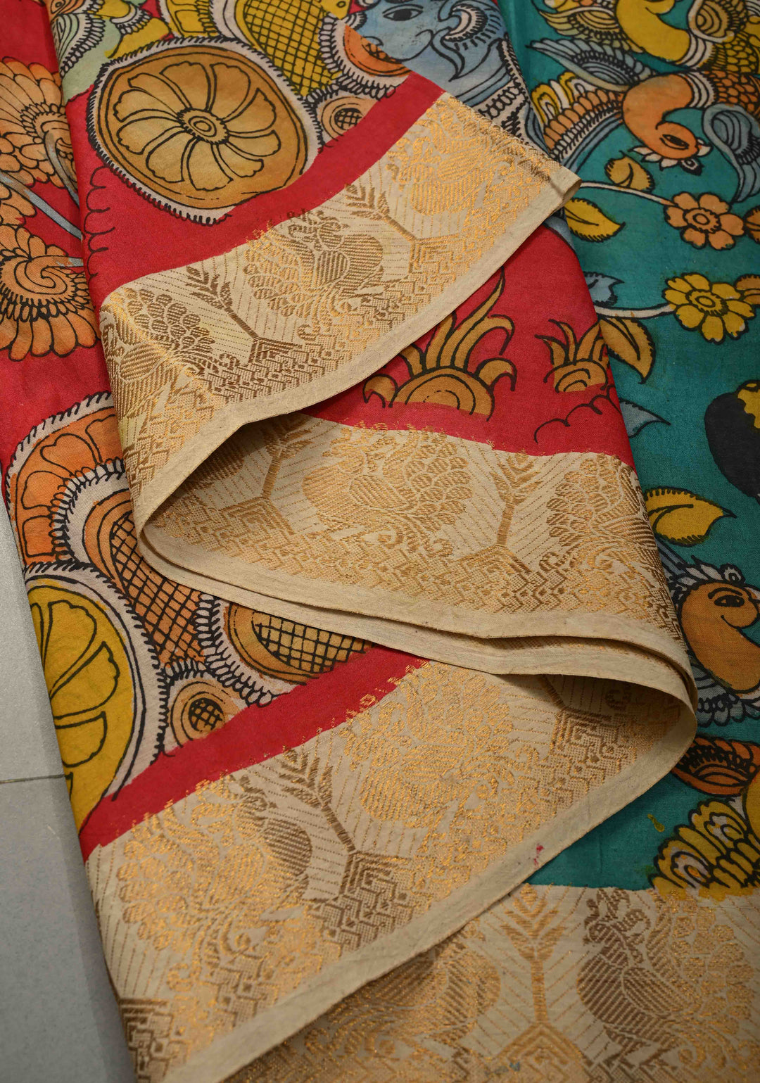 Hindu Mythological Ramayana Theme: Red Authentic Pen kalamkari on Bangalore Silk Saree with Zari Border | SHOBITAM