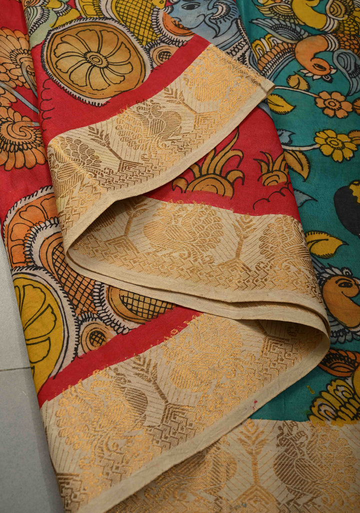 Hindu Mythological Ramayana Theme: Red Authentic Pen kalamkari on Bangalore Silk Saree with Zari Border | SHOBITAM
