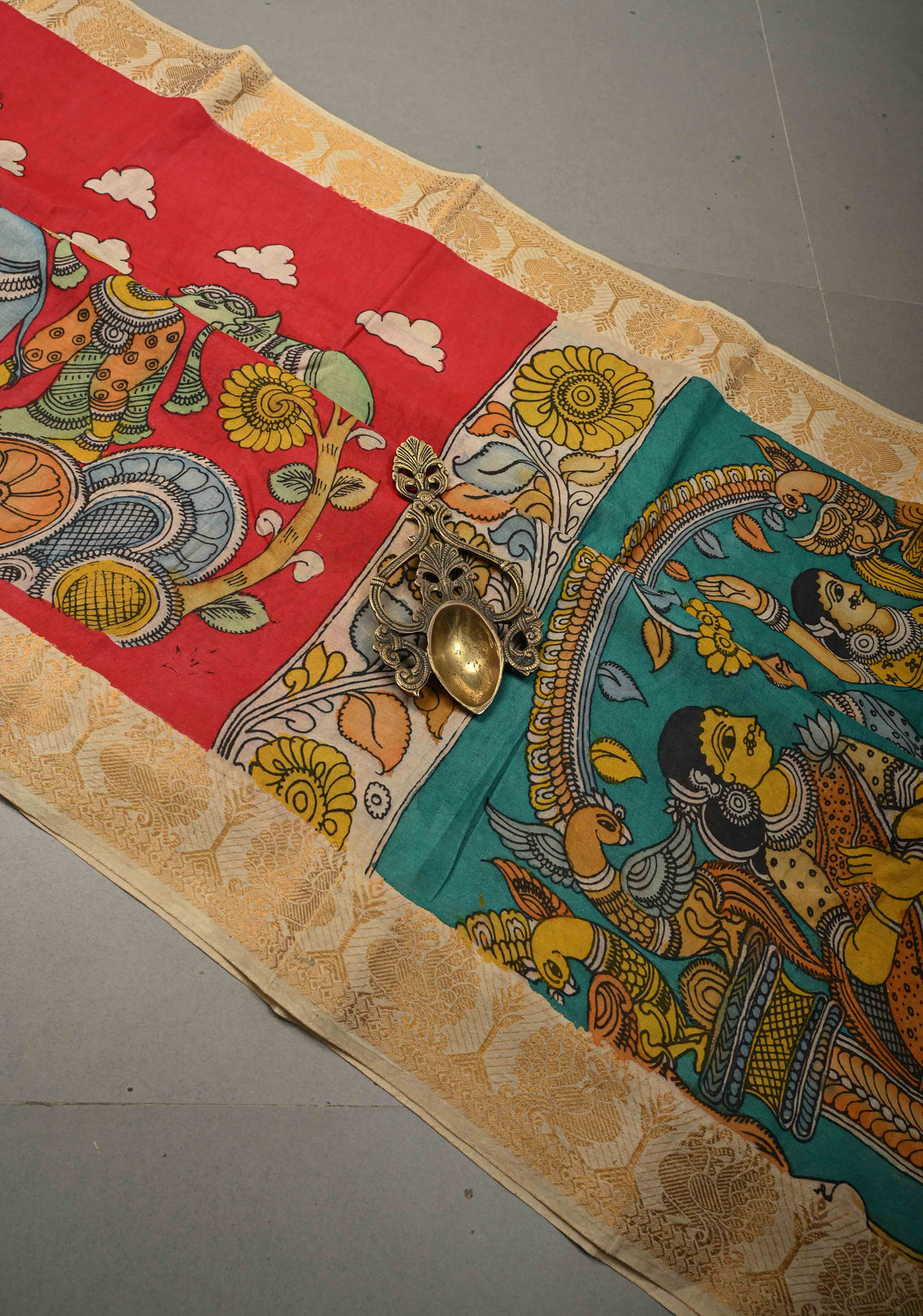 Hindu Mythological Ramayana Theme: Red Authentic Pen kalamkari on Bangalore Silk Saree with Zari Border | SHOBITAM