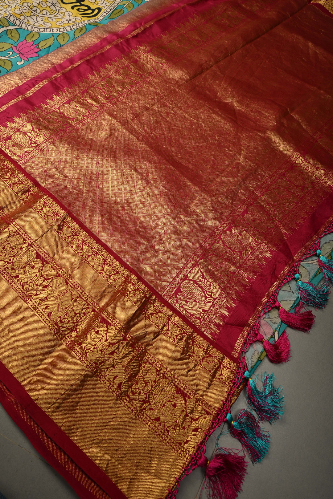 Nari Shakti and Floral Theme  : Turquoise Blue Authentic Pen Kalamkari on Pure Kanjivaram Silk Saree with Deep Maroon Zari Border | SILK MARK CERTIFIED | SHOBITAM