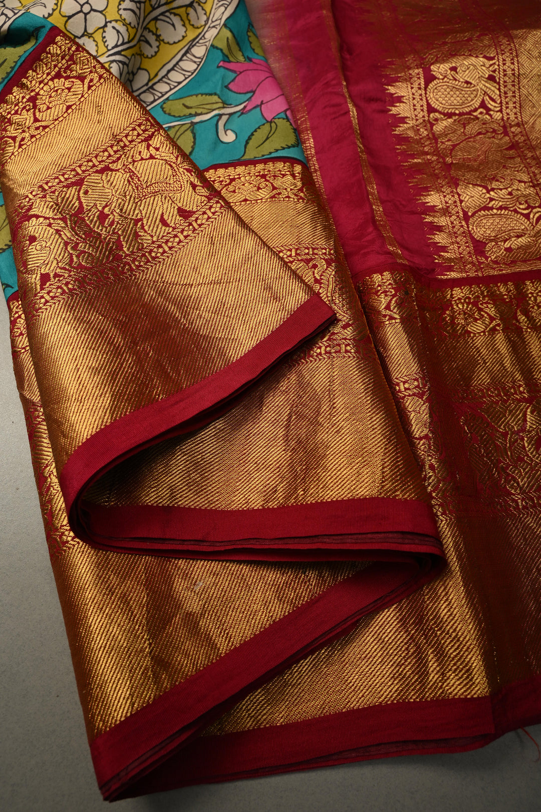 Nari Shakti and Floral Theme  : Turquoise Blue Authentic Pen Kalamkari on Pure Kanjivaram Silk Saree with Deep Maroon Zari Border | SILK MARK CERTIFIED | SHOBITAM